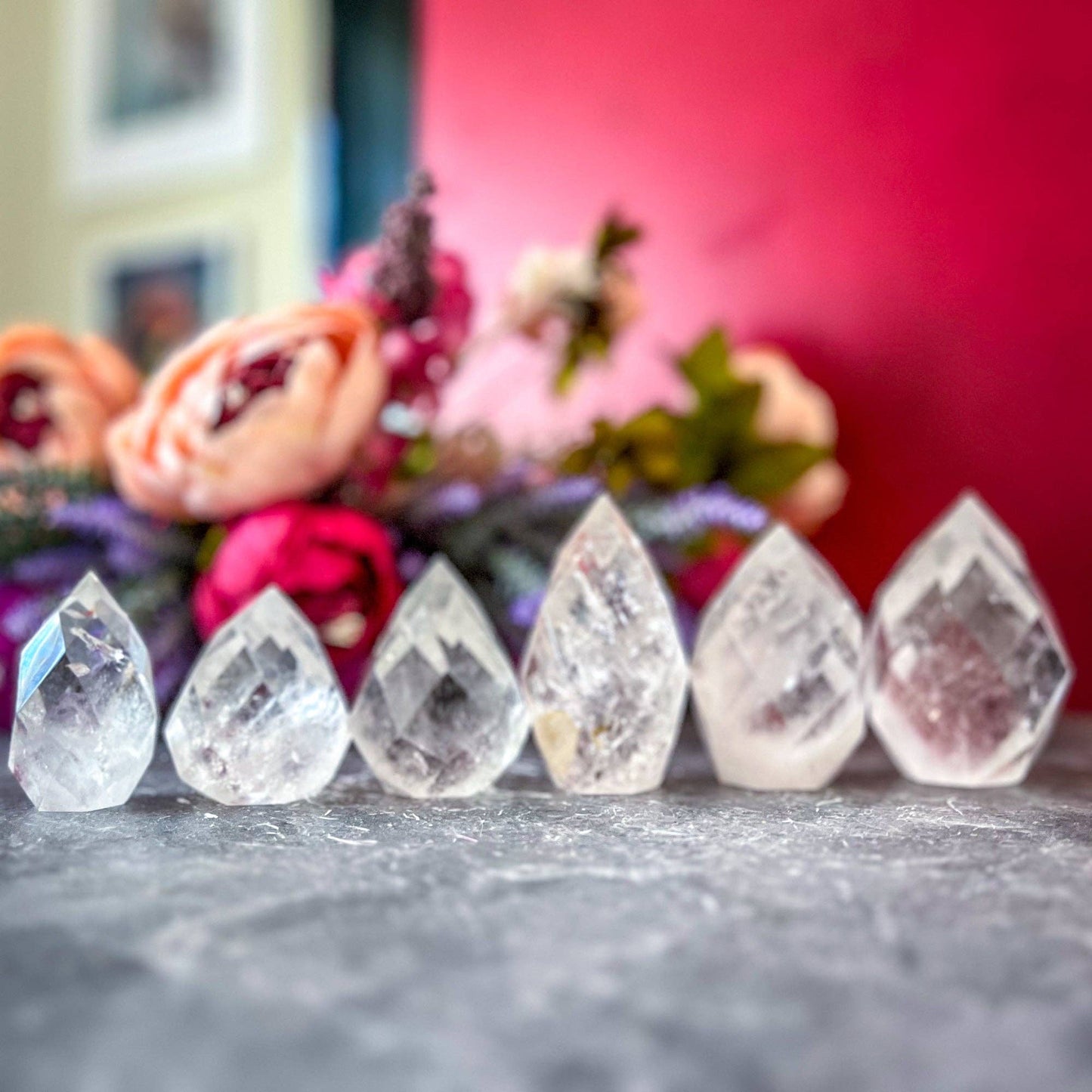 Clear Quartz Faceted Flames: 200-249 grams