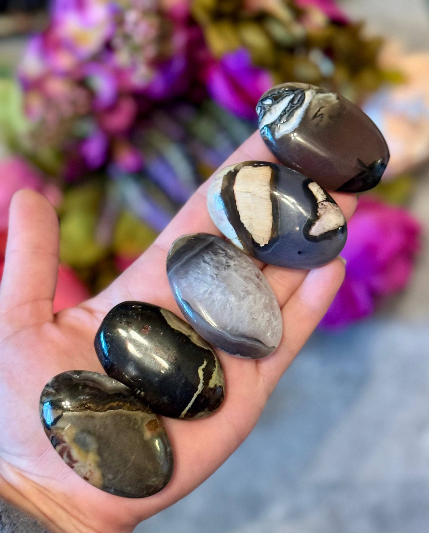 Volcano Agate Palmstones, Green Fluorescent Minerals, UV Crystals: 25-49 Grams