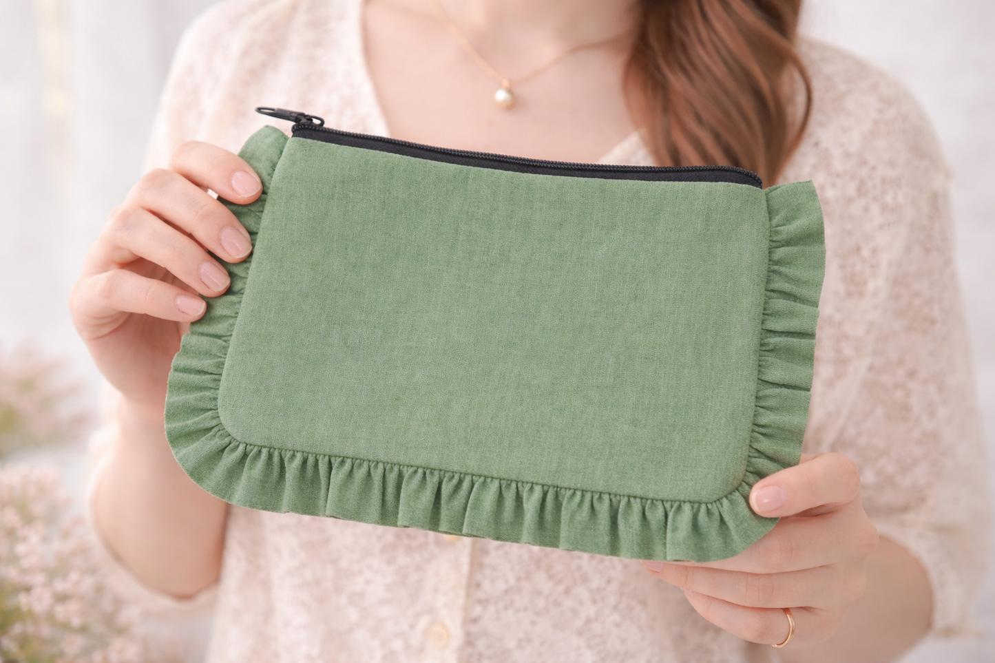 Canvas Ruffle Pouches | Canvas Travel Pouches | Zipper Pouch: Green