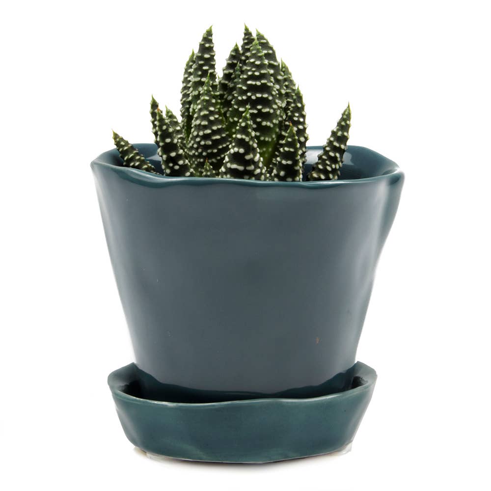 Tika Ceramic Pots and Planters With Saucer And Drainage Hole: Spruce / 5"