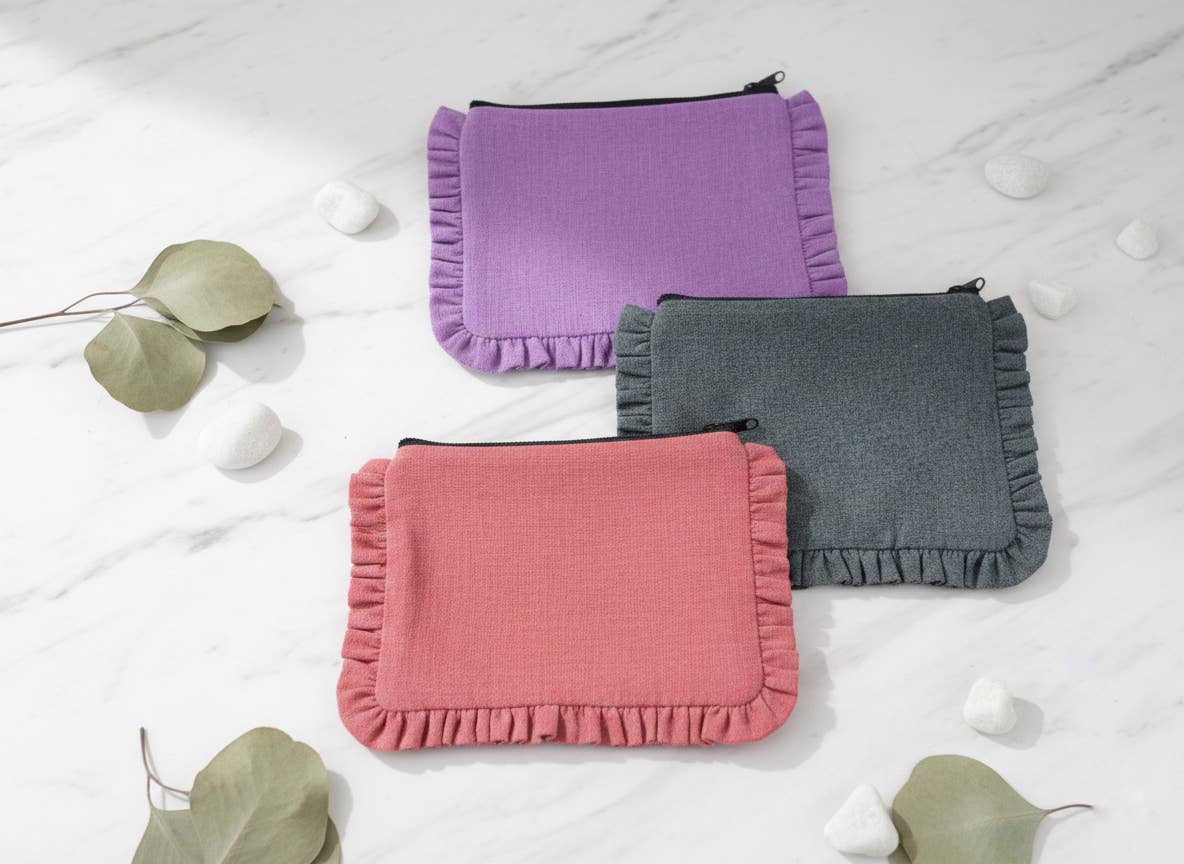 Canvas Ruffle Pouches | Canvas Travel Pouches | Zipper Pouch: Purple