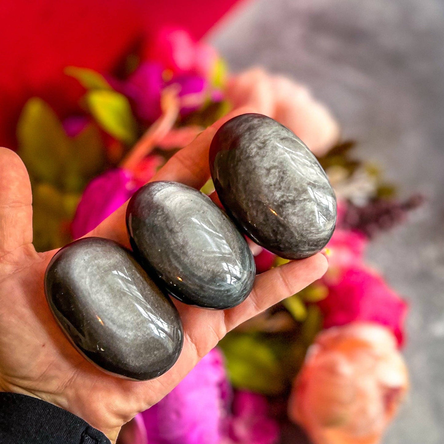 Silver Obsidian Palmstones: 25-49 Grams
