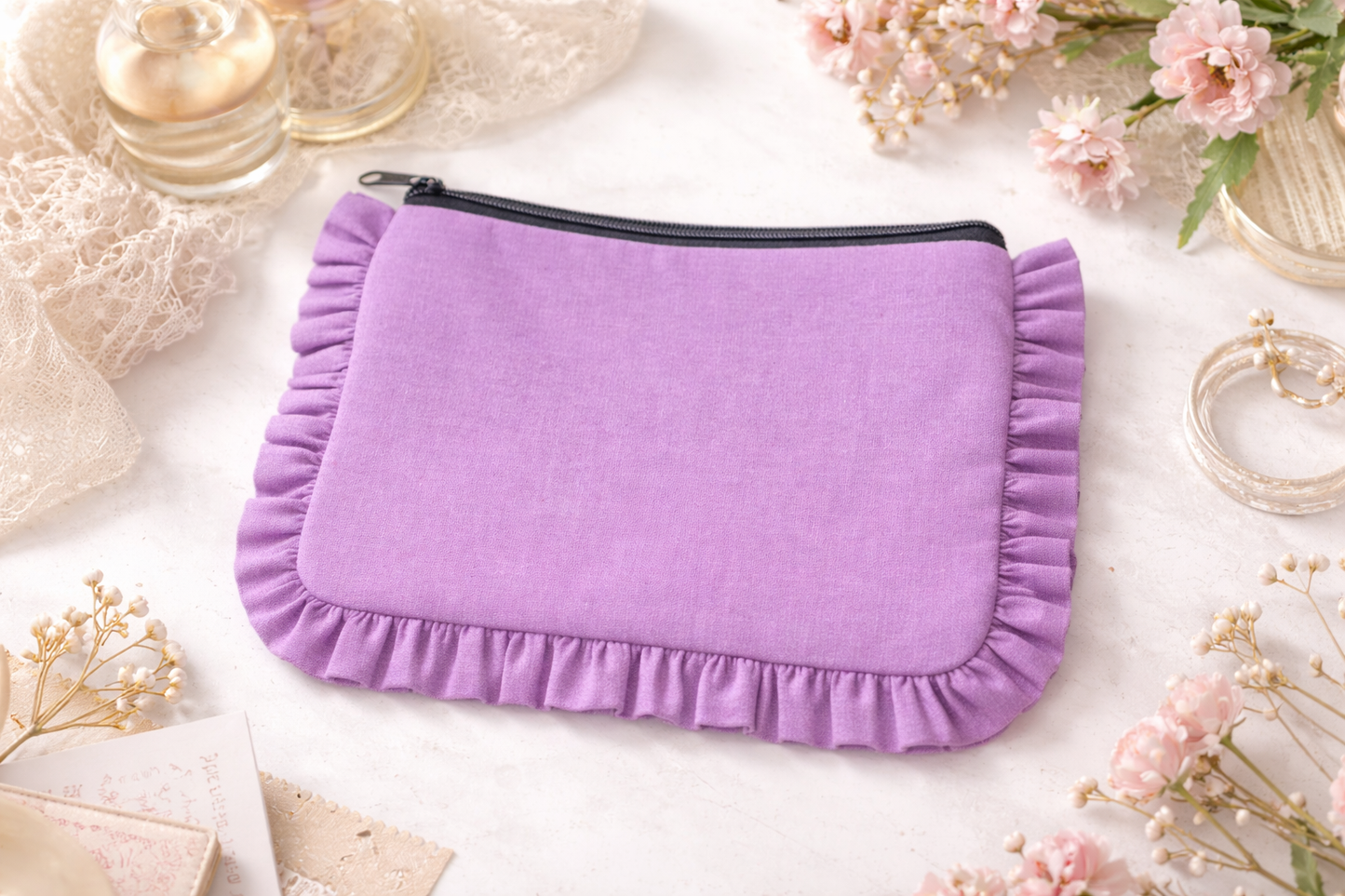 Canvas Ruffle Pouches | Canvas Travel Pouches | Zipper Pouch: Teal