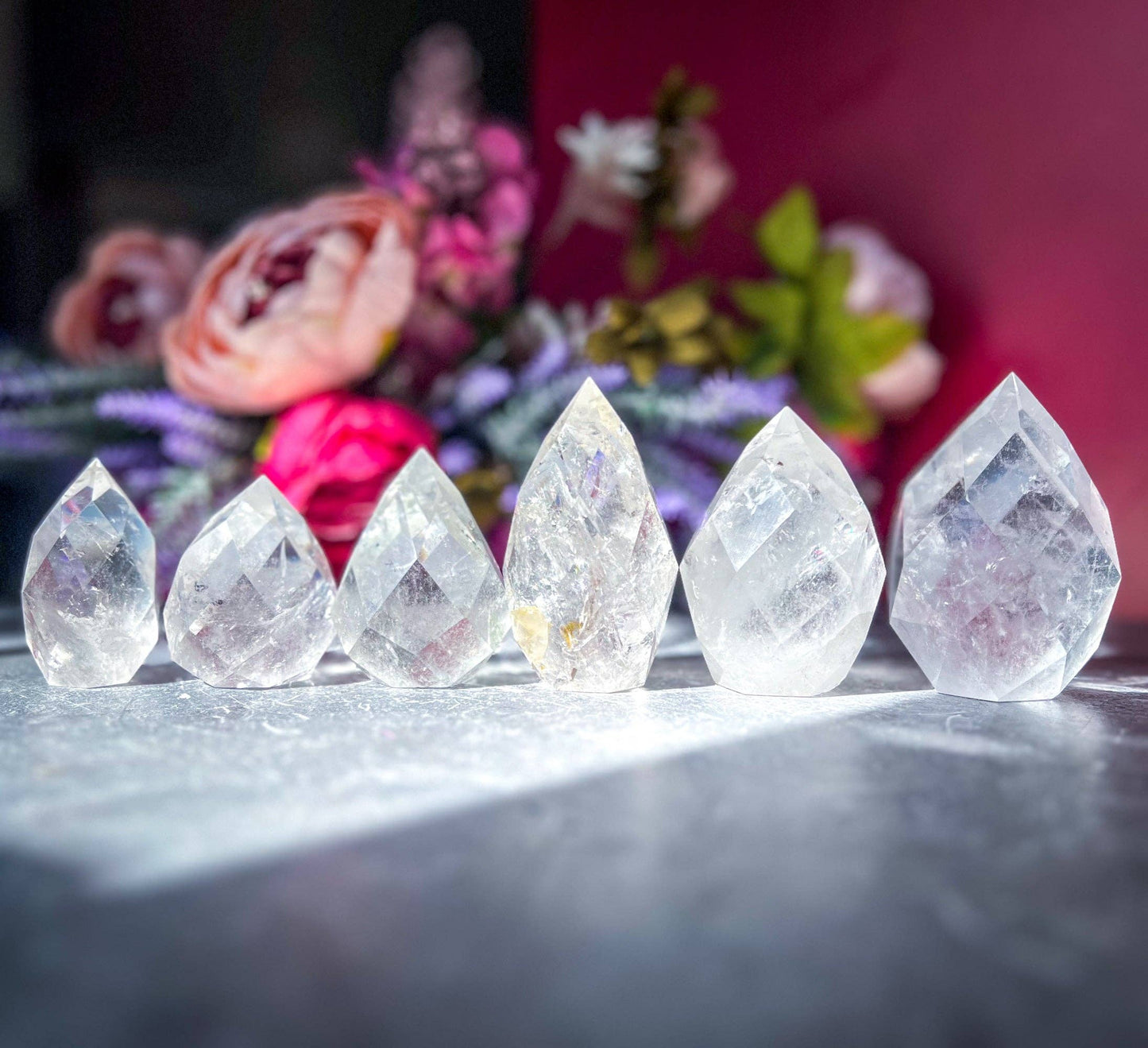 Clear Quartz Faceted Flames: 200-249 grams