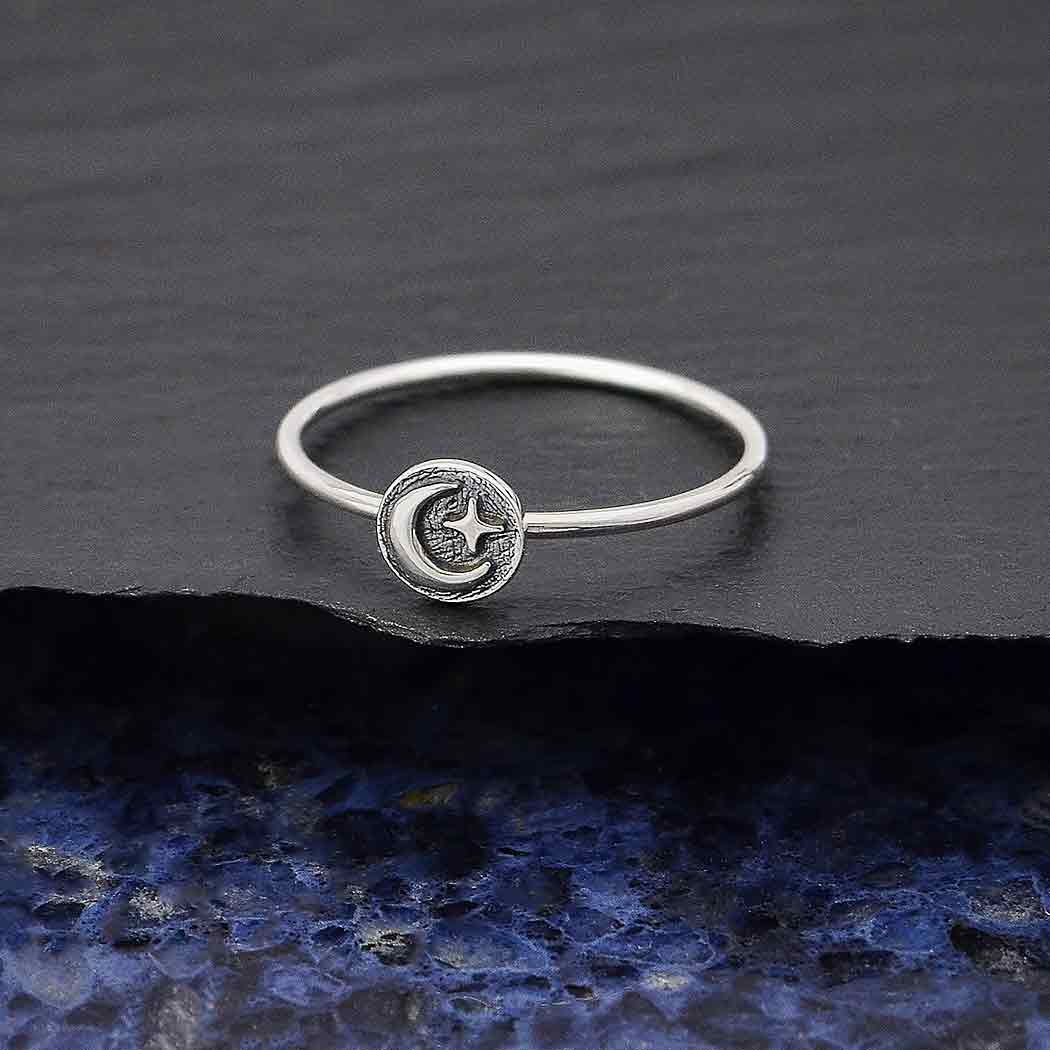Sterling Silver Raised Moon and Star Stacking Ring: 8