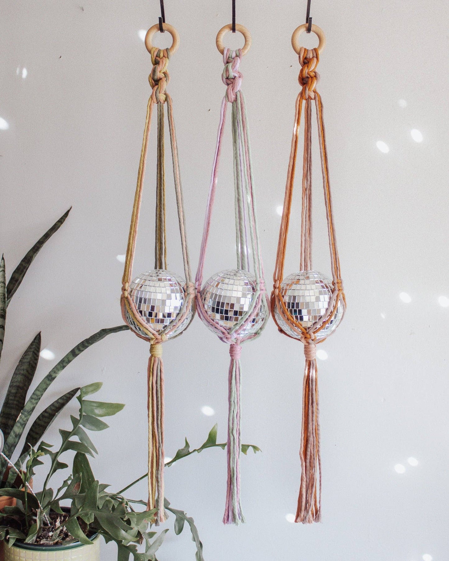 Chunky Twist Macrame Disco Ball Hanger - 4 INCH: Multi - Chartreuse/Pink/Mink