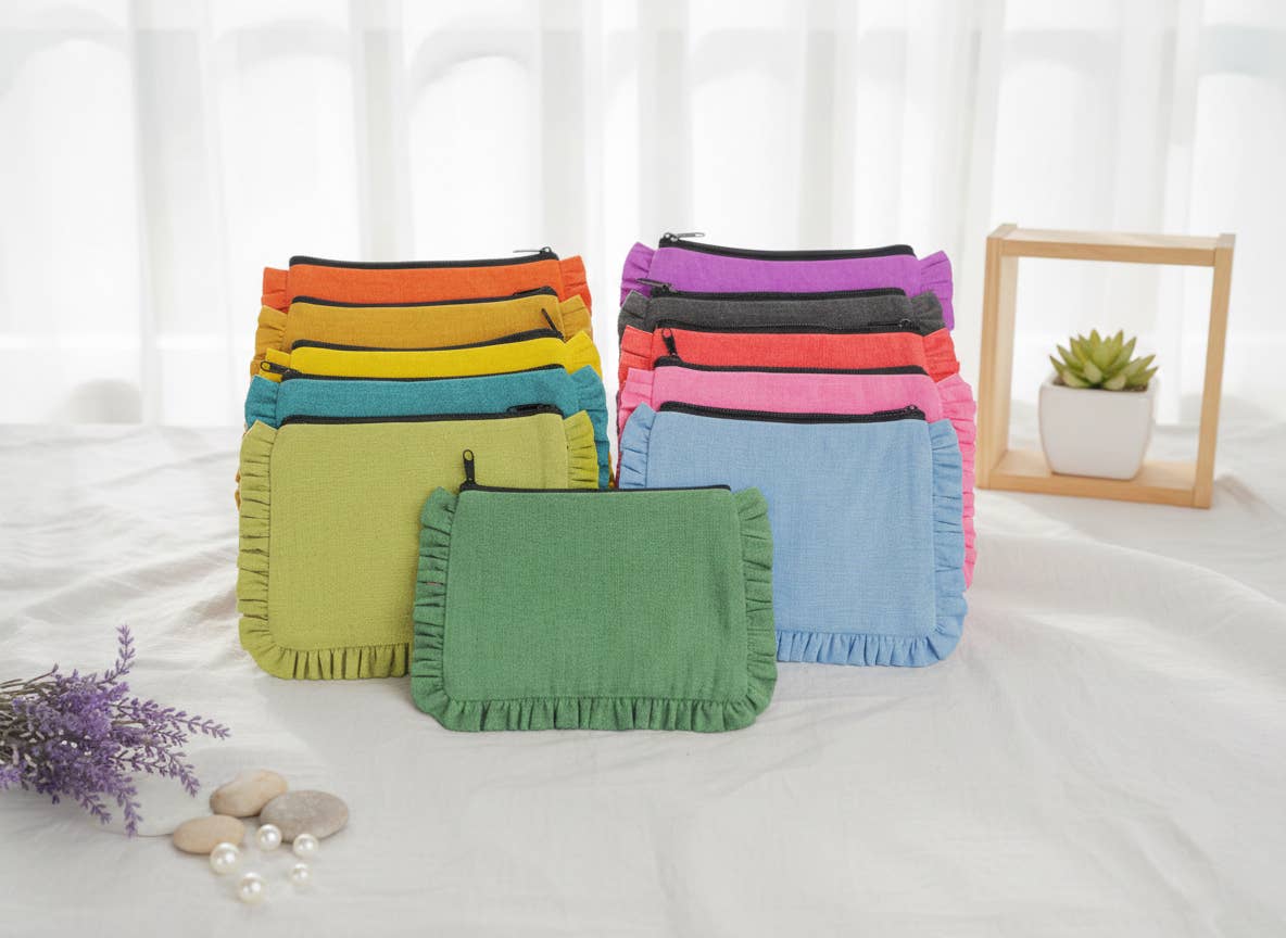 Canvas Ruffle Pouches | Canvas Travel Pouches | Zipper Pouch: Parrot