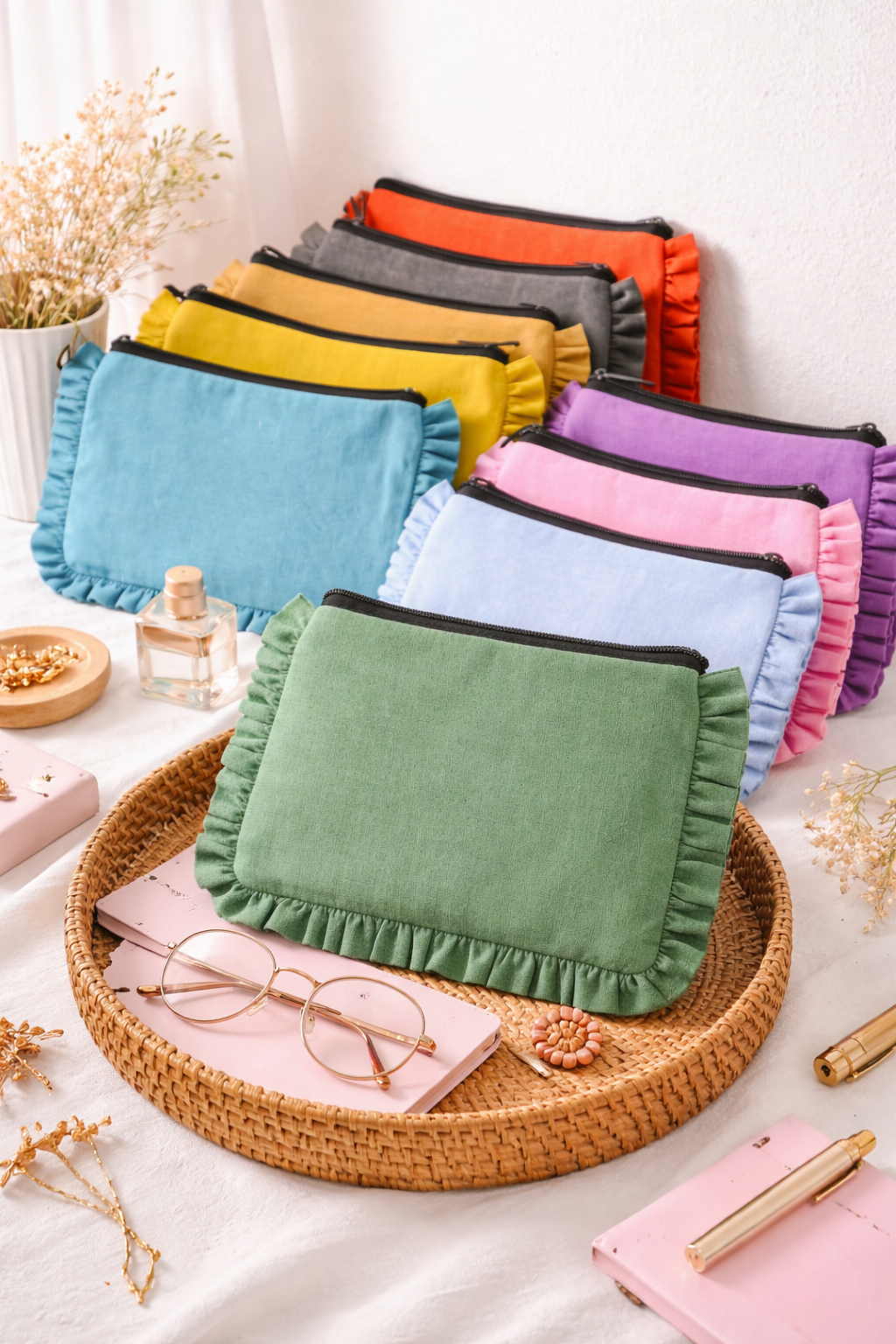 Canvas Ruffle Pouches | Canvas Travel Pouches | Zipper Pouch: Teal