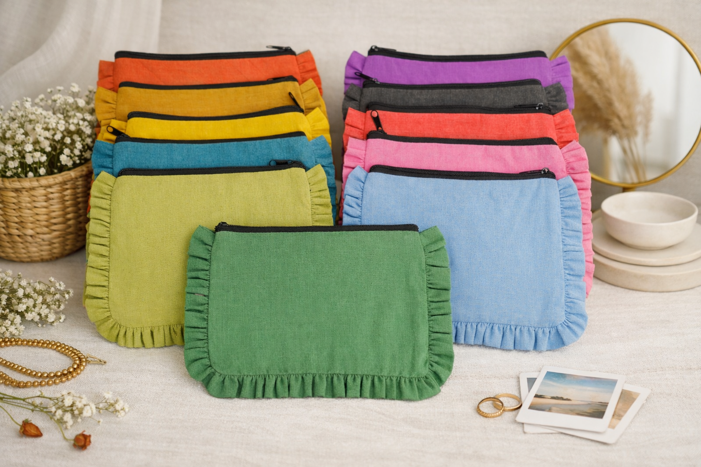 Canvas Ruffle Pouches | Canvas Travel Pouches | Zipper Pouch: Green
