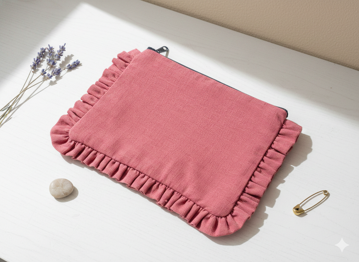 Canvas Ruffle Pouches | Canvas Travel Pouches | Zipper Pouch: Purple